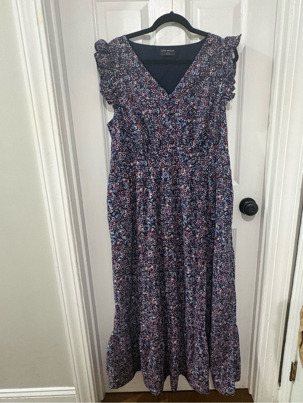 Lane Bryant Floral Maxi Dress Size 16 Navy Red Ruffle Sleeve Boho Cottagecore